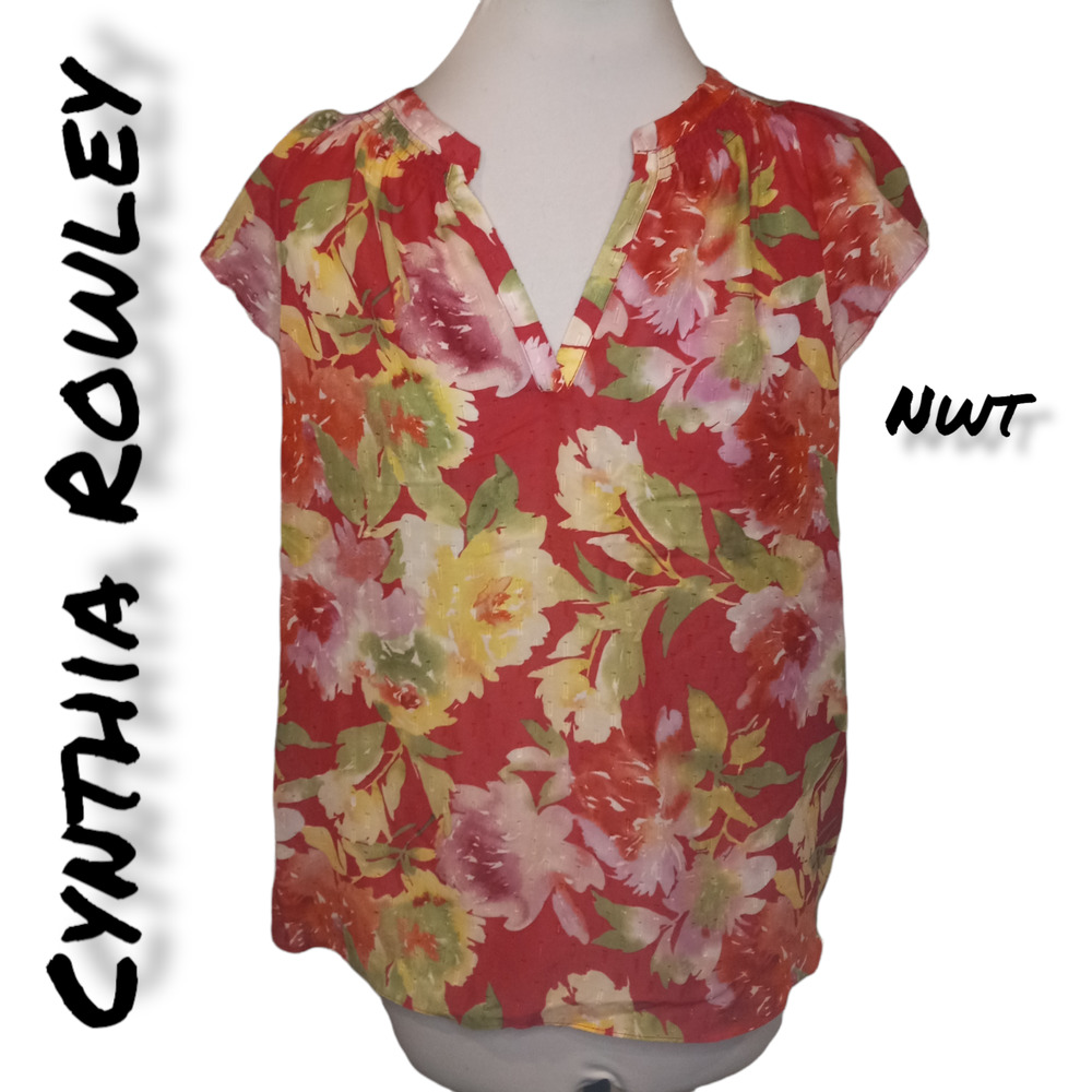 NWT Cynthia Rowley Women's Pink Floral Band V-Neck Cap Sleeve Blouse Size Medium